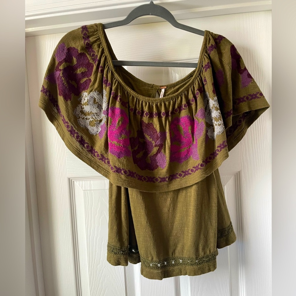 Free People To the Left olive green embroidered off shoulder top